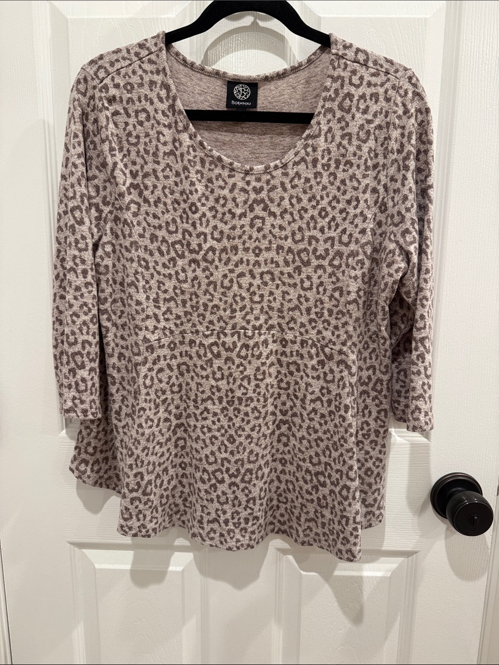 bobeau Taupe and Brown Leopard Print Scoop Neck Knit Top
